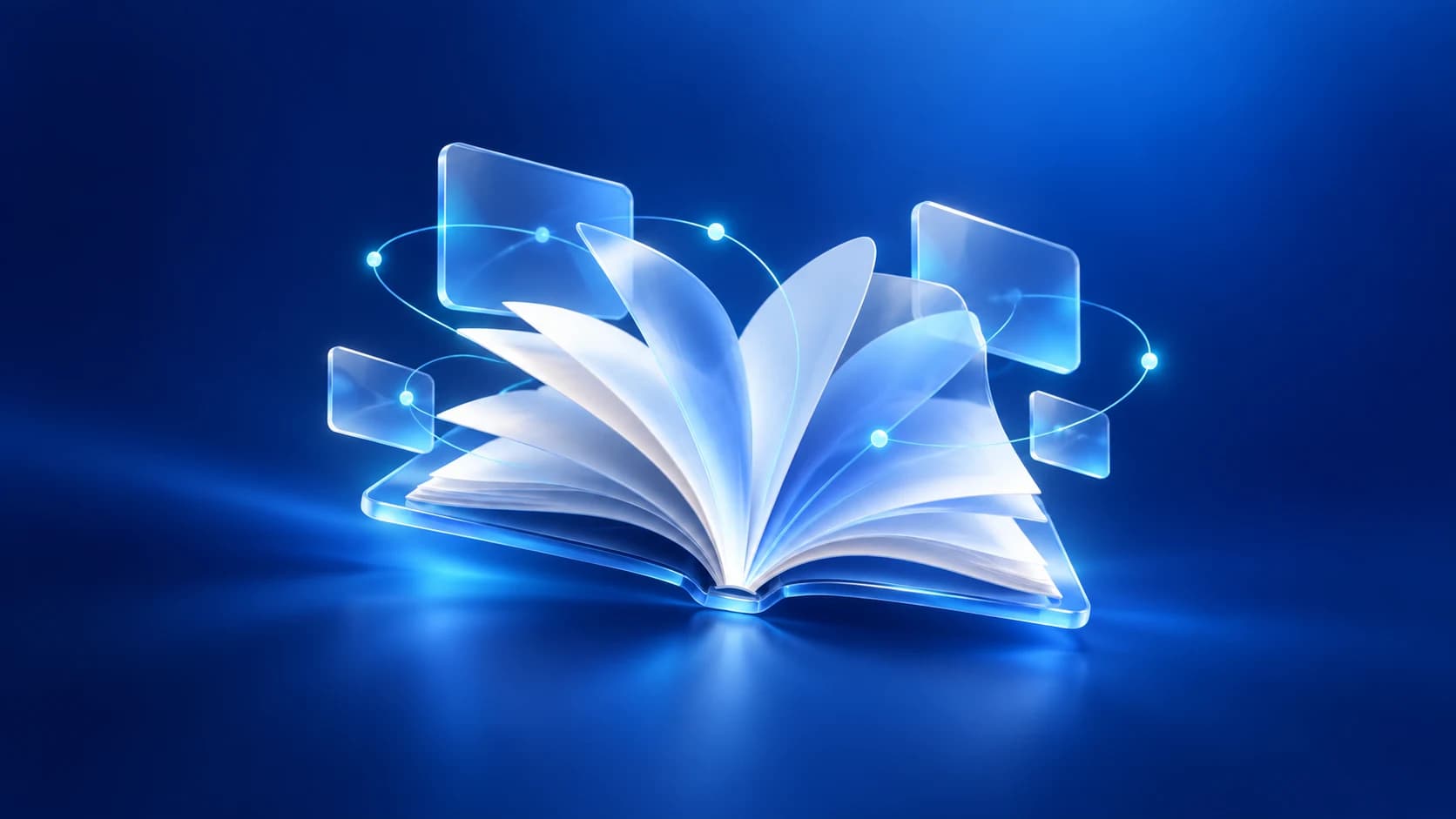 Open book with connected digital panels on a blue background